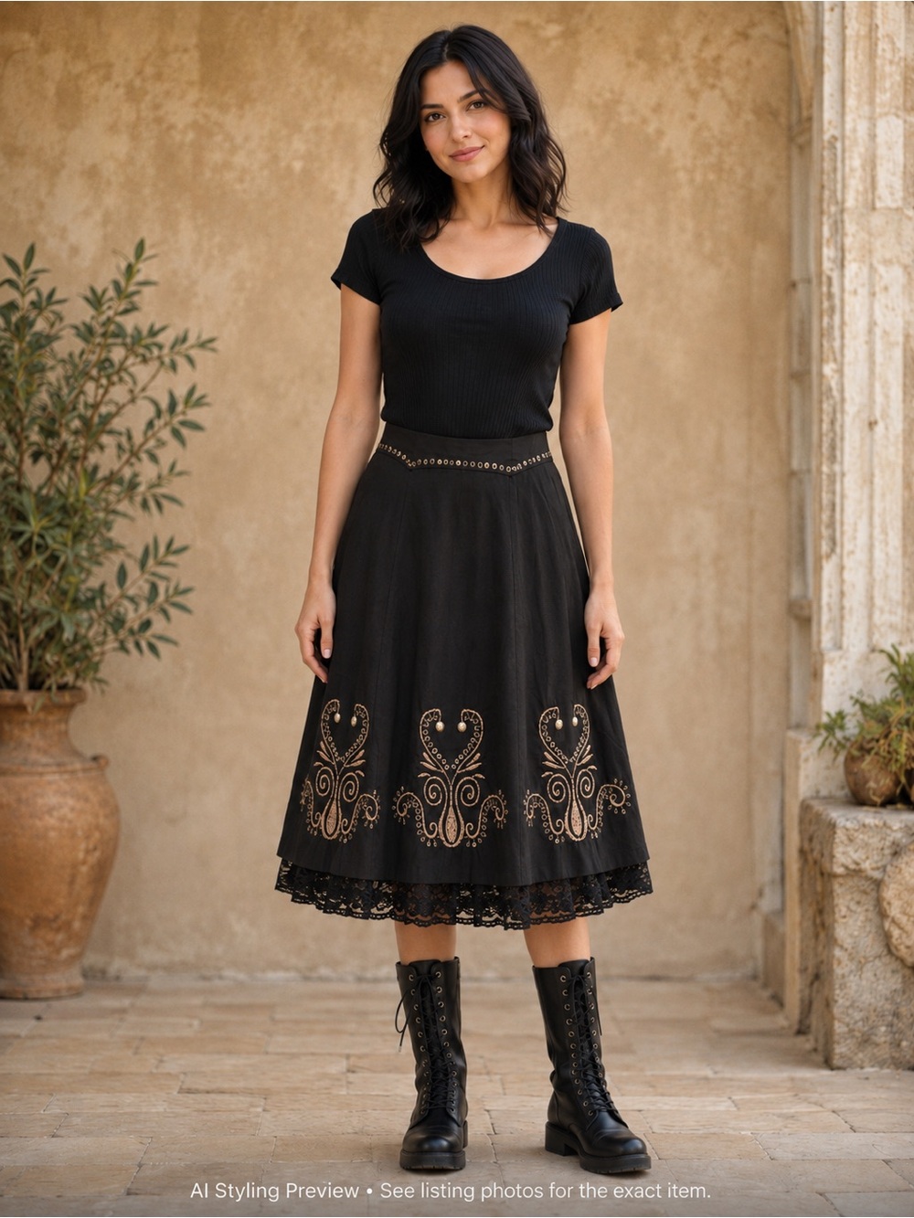 Vintage Sassy Women’s M/L Black Embroidered Beaded Full Skirt Lace Hem